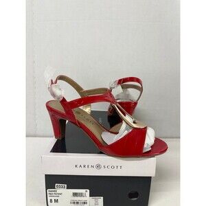 Karen Scott Women's T-Strap Danee Red Almond Toe Block Heel Sandals Slingback 8M